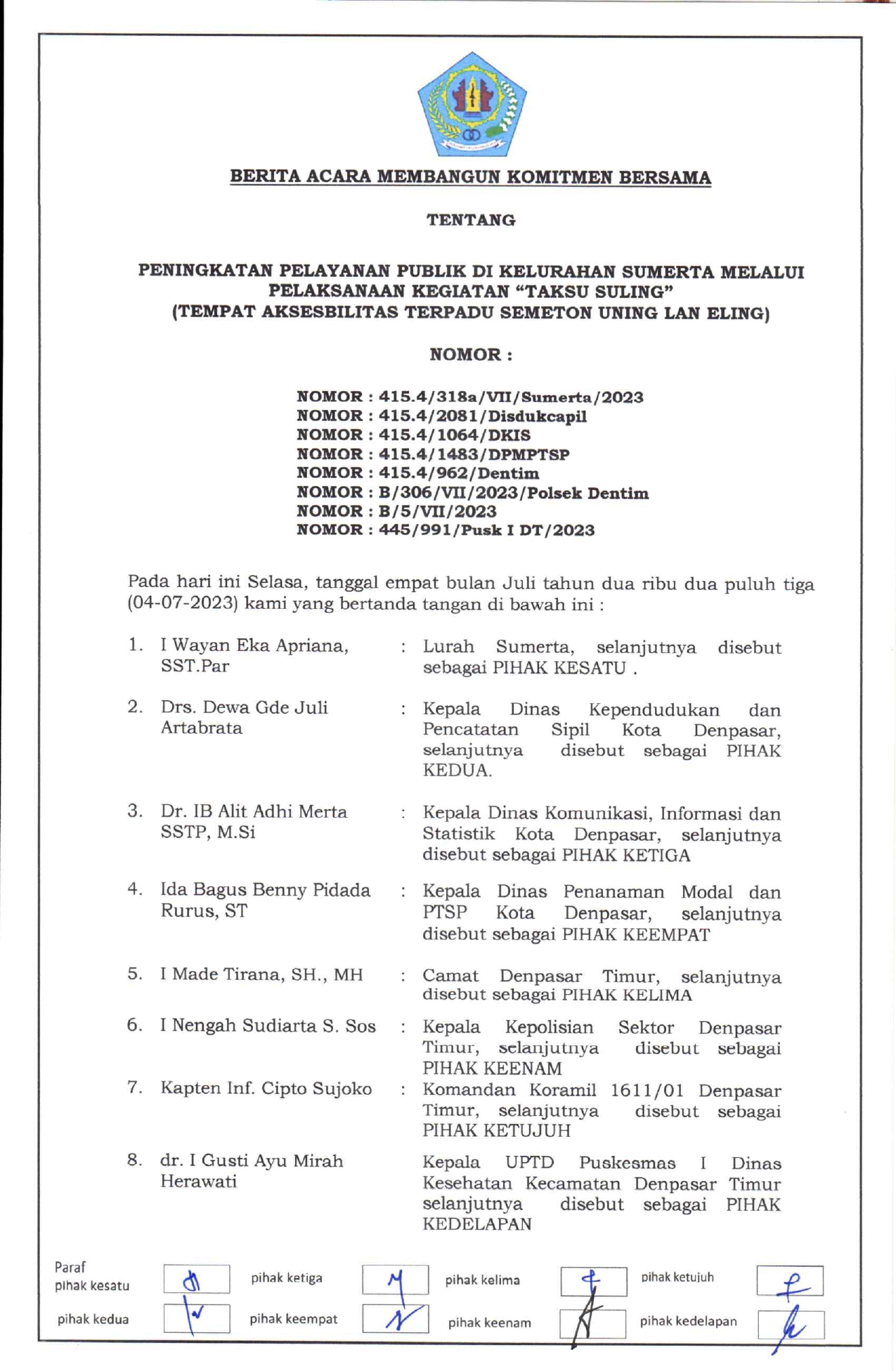 Komitmen Bersama Peningkatan Pelayanan Publik di Kelurahan Sumerta Melalui Pelaksanaan Kegiatan Taks